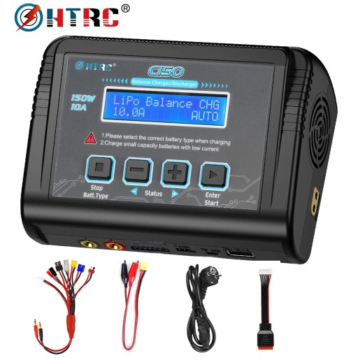 Enkanalig balanseringsladdare och urladdare C150 med LCD-display, 10 A, AC och DC 150 W, mått 14,5 x 10 x 7,5 cm, EU-kontakt