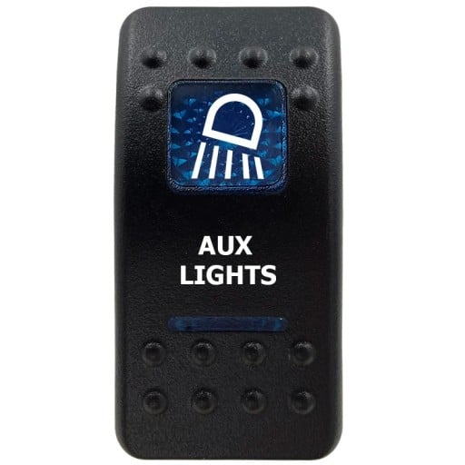 Enpolig bilkontakt med blåt LED-baggrundsbelysning og AUX LIGHTS-symbol, vandtæt 12V til båd, campingvogn og offroad