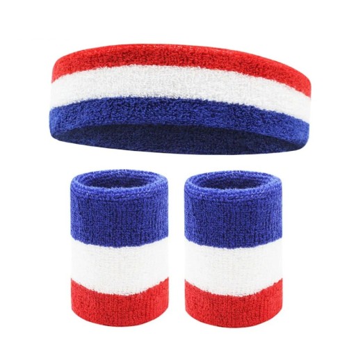 Ensemble composé d'un bandeau et de deux bracelets de sport aux couleurs vives. Matière absorbante en coton pour la course à pied