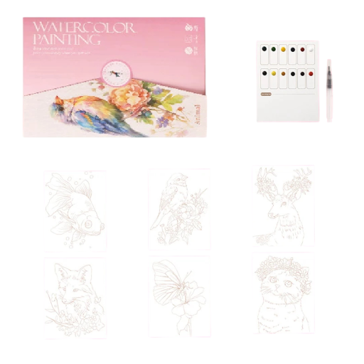 Ensemble créatif d'aquarelle avec illustrations pré-imprimées d'animaux et de fleurs 19 × 14,4 cm palette de pigments pinceau à eau peinture à domicile et en voyage