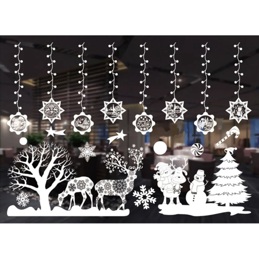 Ensemble d'autocollants de Noël pour fenêtres 55 x 75 cm Flocons de neige blancs en PVC Sapins et rennes Décorations statiques pour verre sans colle