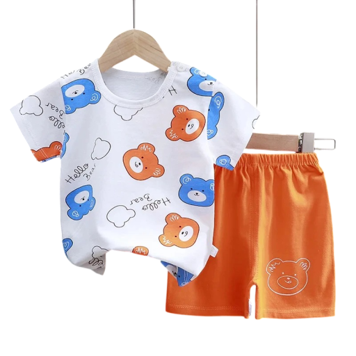 Ensemble d'été pour enfants t-shirt à manches courtes et shorts élastiques Unisex en coton avec t-shirt blanc et oursons