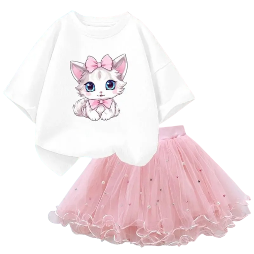 Ensemble d'été pour fille T-shirt à manches courtes et jupe rose Col rond Imprimé de chat Coton polyester ensemble confortable