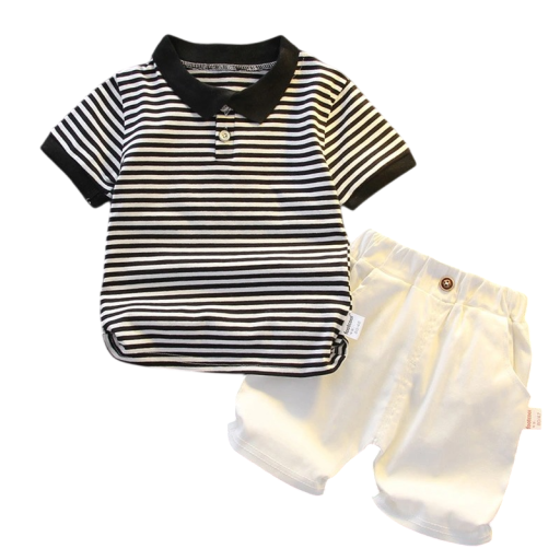 Ensemble d'été pour garçon Polo à rayures noir et blanc à manches courtes et shorts blancs Col rond Ensemble élégant