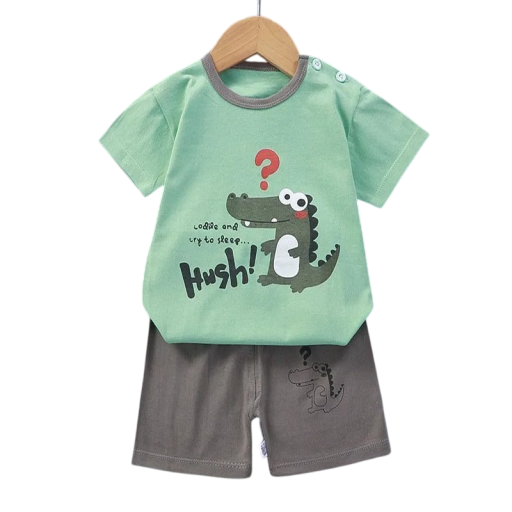 Ensemble d'été pour garçon T-shirt en coton à manches courtes avec boutons T-shirt vert avec imprimé de crocodile Short marron