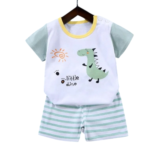 Ensemble d'été pour garçon T-shirt en coton à manches courtes et boutons T-shirt blanc avec impression de dinosaure Shorts rayés verts