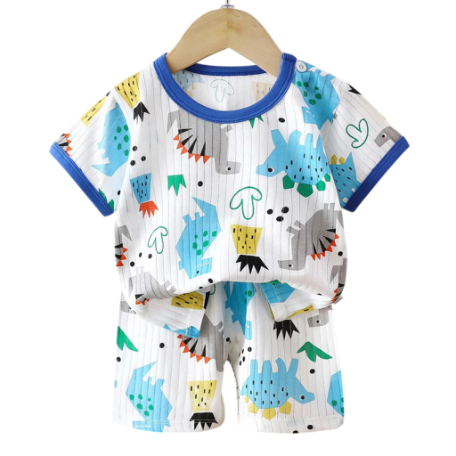 Ensemble d'été unisexe pour enfants T-shirt à manches courtes avec boutons Col rond Couleur blanche Imprimé de dinosaures Shorts confortables