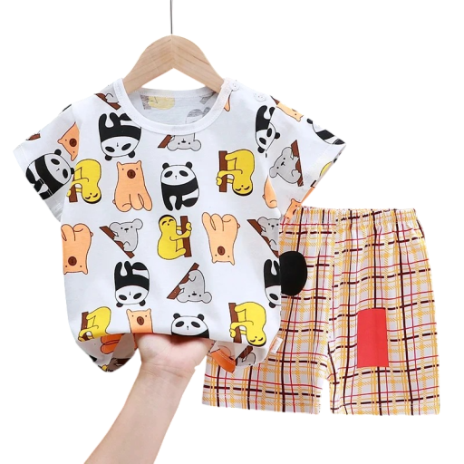 Ensemble d'été unisexe pour enfants T-shirt blanc avec impression d'animaux Manches courtes Shorts à carreaux élastiques Ensemble
