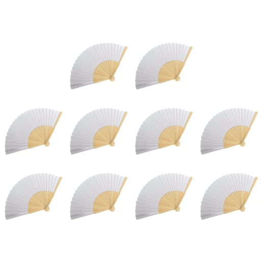 Ensemble de 10 éventails en bambou blancs 21 x 38 cm Décoration naturelle Éventail ajustable à la main Accessoires de mariage pour la table et la photographie