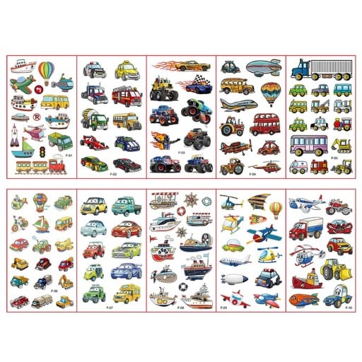 Ensemble de 10 feuilles de tatouages temporaires 12 x 7 cm moyens de transport voitures bateaux avions autocollants de tatouage pour enfants
