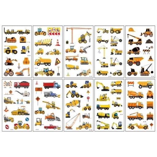 Ensemble de 10 feuilles de tatouages temporaires avec des engins de construction, des pelleteuses, des grues, des camions et des panneaux