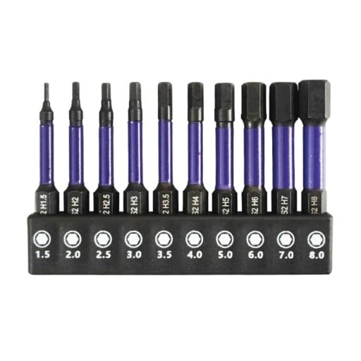 Ensemble de 10 pièces de douilles hexagonales H1.5 à H8 avec support en aluminium incluant des dimensions de 1.5 mm à 8.0 mm pour des travaux