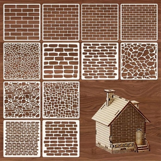 Ensemble de 12 pochoirs en plastique motifs de briques 15x15 cm pochoirs réutilisables pour peinture de murs, meubles et décorations