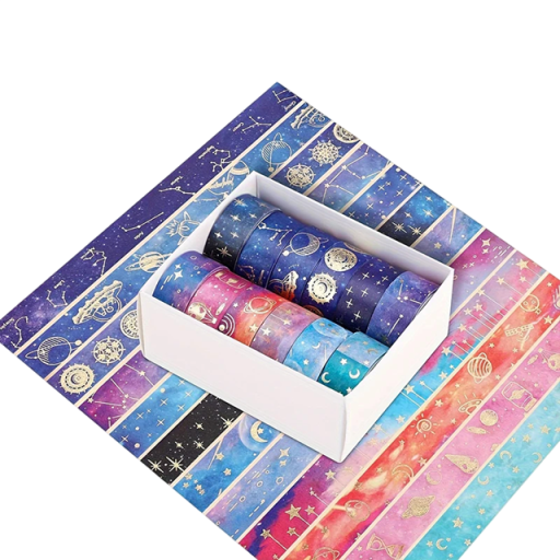 Ensemble de 12 rouleaux de ruban adhésif 1,5 cm x 2 m Ciel nocturne polaire étoiles dorées lune planètes constellations ensemble premium