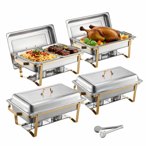 Ensemble de 4 chafing dishes chauffants 7,5 l en acier inoxydable avec détails dorés et chauffage à combustible pour le catering et le service de buffet