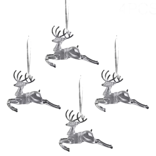 Ensemble de 4 pièces Décorations de Noël en acrylique 10 x 7,5 cm Rennes suspendus en cristal transparent Décorations de fête pour sapin