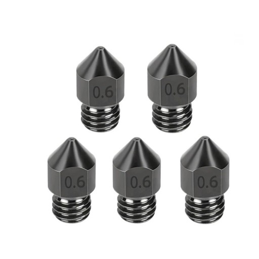 Ensemble de 5 buses en acier trempé de 0,6 mm M6 pour filament de 1,75 mm Impression 3D volumique rapide Buses solides pour couches plus épaisses