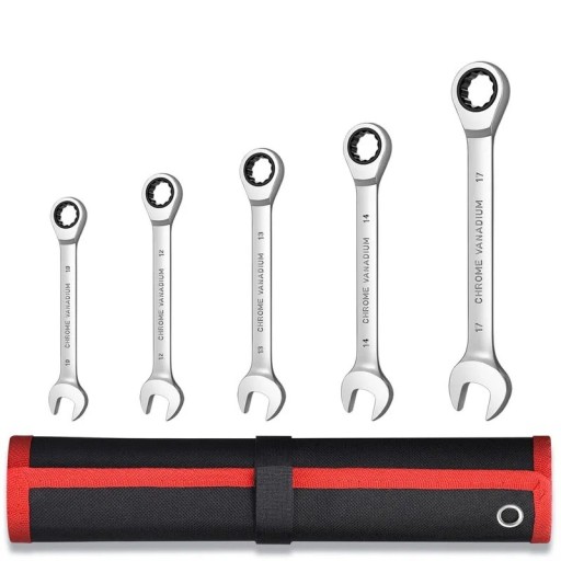 Ensemble de 5 clés à cliquet Clés combinées à œil et à plat avec un fonctionnement doux dans un étui rigide noir et rouge