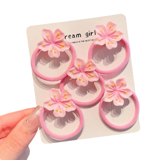Ensemble de 5 élastiques à cheveux roses avec fleur rose Accessoires capillaires mignons Élastiques pour filles Élastiques flexibles Décorations