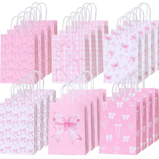 Ensemble de 6 sacs cadeaux roses avec nœuds 15x8x21 cm papier poignées solides sac décoratif pour cadeaux anniversaires célébrations