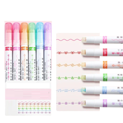 Ensemble de 6 stylos décoratifs avec motif en tampon de 13 cm Motifs répétitifs nœuds poissons bateaux notes pattes vagues