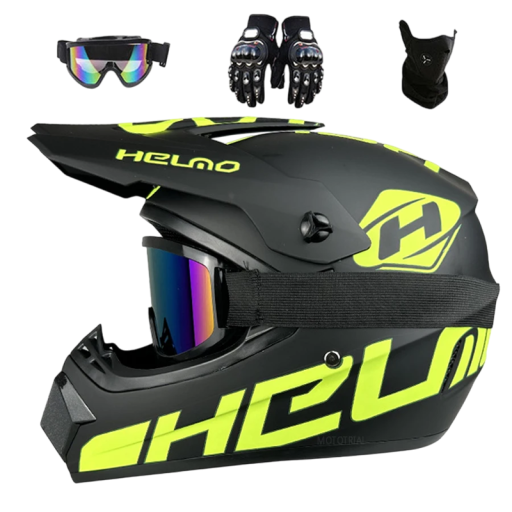 Ensemble de casque modulable off-road noir avec impression jaune, lunettes de protection, gants et foulard pour le bas du visage