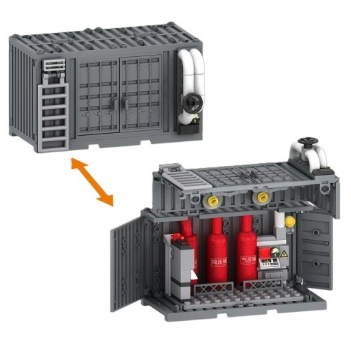 Ensemble de construction conteneur technique 118 pièces Boîte grise ouvrante avec bouteilles sous pression, tuyauterie, panneau de contrôle
