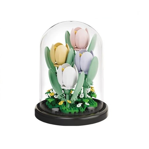 Ensemble de construction micro élégant de tulipes 85 x 85 x 106 mm 174 pièces Modèle floral dans un pot dans une boîte transparente Décoration intérieure stylée et cadeau créatif