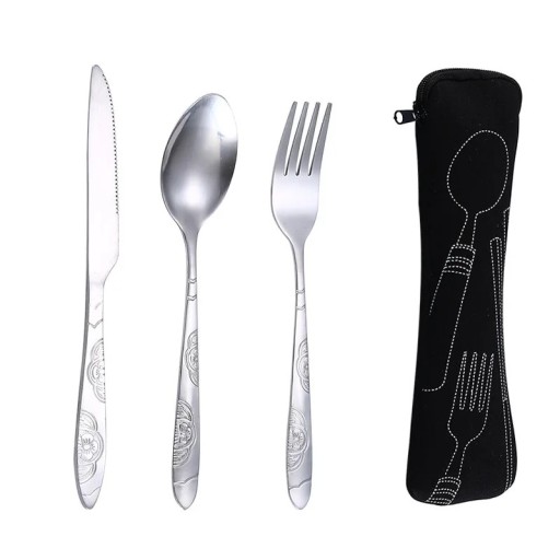 Ensemble de couverts de voyage avec étui Cuillère en inox Fourchette Couteau Étui de couverts portable avec zip Ustensiles de pique-nique et de camping