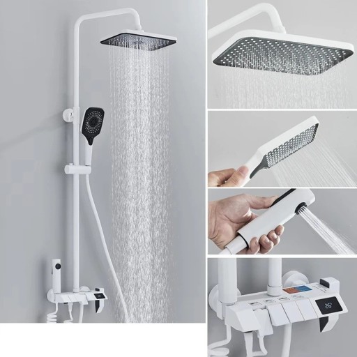 Ensemble de douche avec écran numérique pomme de douche 27,5 x 18,5 cm et douchette robinet mural en ABS et acier inoxydable barre 85-120 cm