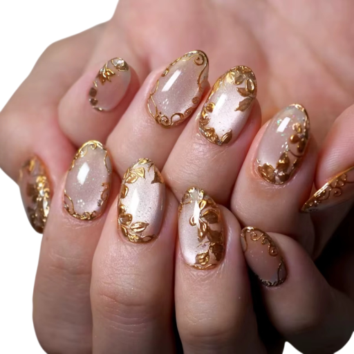 Ensemble de faux ongles métalliques design en forme d'amande taille moyenne 24 pièces autocollants 3D en acrylique pour manucure à domicile