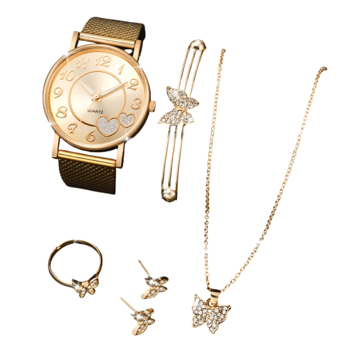 Ensemble de montres et bijoux pour femmes avec motif de papillon Couleur dorée Bracelet Boucles d'oreilles Collier Bague Ensemble de bijoux élégant