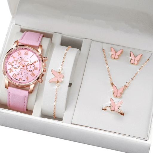 Ensemble de montres et bijoux pour femmes Collier élégant bracelet boucles d'oreilles bague avec papillon Cadeau de luxe pour femmes Boîte cadeau