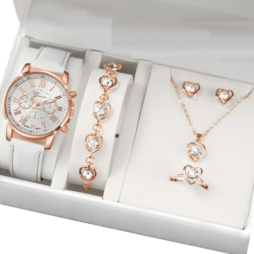 Ensemble de montres et bijoux pour femmes Collier élégant bracelet boucles d'oreilles bague en forme de cœur Cadeau de luxe pour femmes Boîte cadeau