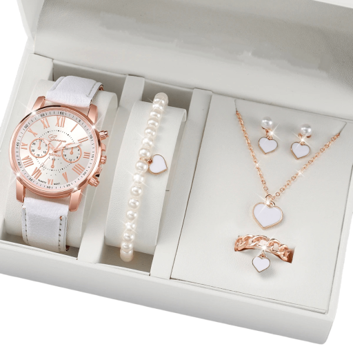 Ensemble de montres et bijoux pour femmes Collier en perles blanches bracelet boucles d'oreilles bague en forme de cœur Accessoires élégants Cadeau pour femmes