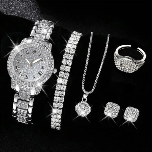 Ensemble de montres et de bijoux pour femmes en alliage Collier en cristal boucles d'oreilles bague bracelet Bijoux élégants Cadeau pour femmes