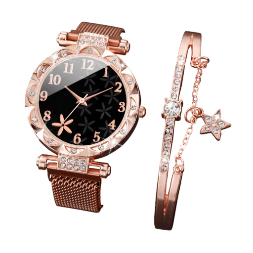 Ensemble de montres pour femmes en alliage couleur or rose et bracelet avec étoile Accessoire élégant Ensemble à la mode Bijou stylé Cadeau