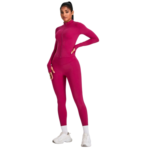 Ensemble de sport pour femmes T-shirt à manches longues et leggings À zip Ensemble de fitness uni en polyester et spandex