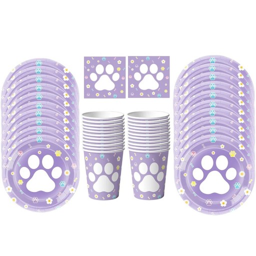 Ensemble de vaisselle Fêtes Pattes de Chat 50 pcs Assiettes 17,8 et 22,9 cm Gobelets Serviettes Violet ensemble jetable pour fête d'anniversaire
