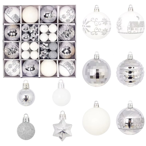 Ensemble élégant d'ornements argentés et blancs 44 pcs 3 - 6 cm Boules et étoiles Décorations de Noël de différentes tailles pour le sapin