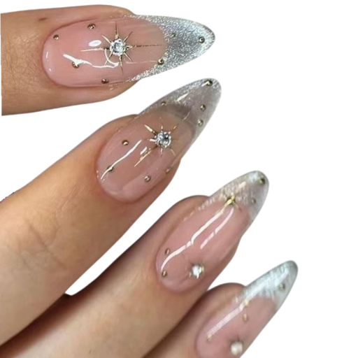 Ensemble élégant de taille moyenne de 24 pièces d'ongles en acrylique scintillants en forme d'amande, conseils autocollants pour manucure à domicile