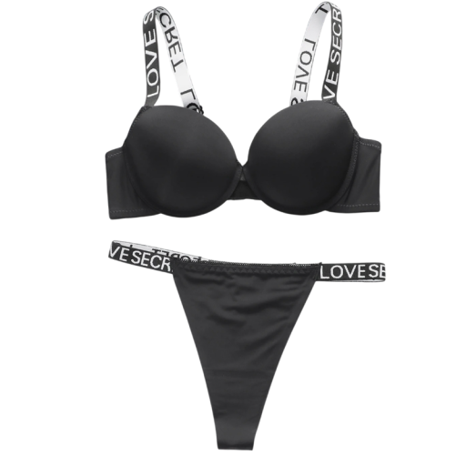 Ensemble féminin de lingerie avec des bretelles élastiques avec inscriptions, soutien-gorge et culottes en polyamide élasthanne pour un usage quotidien