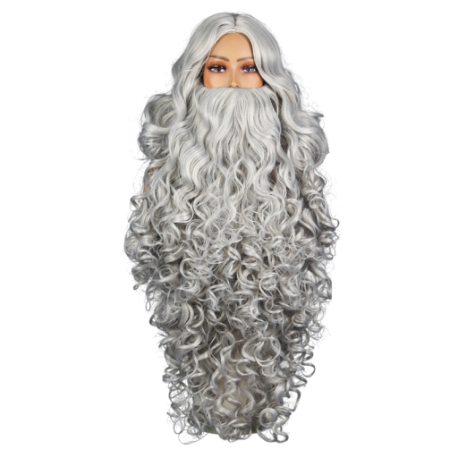 Ensemble perruque et barbe Blanche ou grise Perruque longue ondulée avec une barbe fournie Costume Cosplay Carnaval Accessoire de théâtre