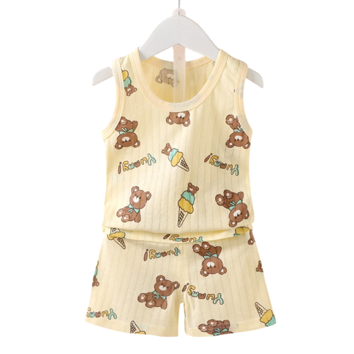 Ensemble unisexe pour enfants avec débardeur et shorts élastiques avec poches couleur jaune dessins de nounours et glace col rond ensemble d'été