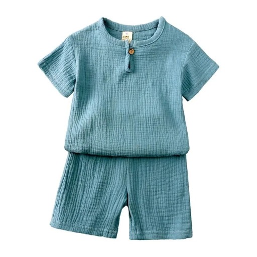 Ensemble unisexe pour enfants en couleur unie avec t-shirt à manches courtes et shorts élastiques Boutons au col Col rond