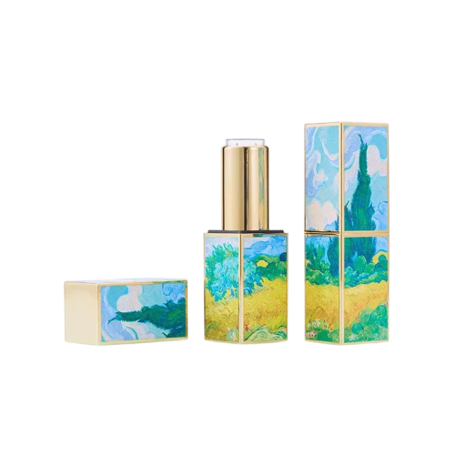 Envase vacío para barra de labios con cierre magnético 22×74 mm de plástico azul verdoso con diseño de pradera y cielo azul para uso cosmético