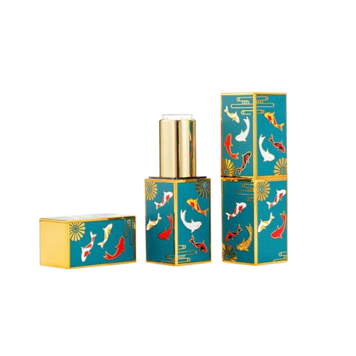 Envase vacío para lápiz labial con cierre magnético 22×74 mm plástico turquesa con elementos dorados y motivo de peces para cosméticos