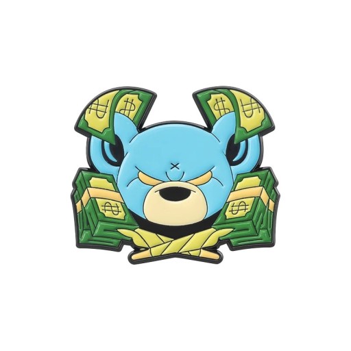 Épinglette émaillée ours avec des billets environ 2,8 × 3,3 cm broche en métal bleu vert jaune motif d'argent insigne pour vêtements revers sac à dos