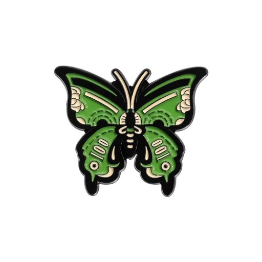 Épinglette en métal en forme de papillon avec motif de billets environ 2,5 × 2,8 cm broche émaillée vert noir insigne pour vêtements revers sac à dos accessoire