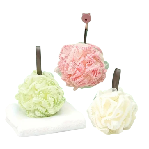 Éponge de bain pour le corps 13 cm en luffa maillé avec des nœuds de massage, éponge de bain en PE avec une anse pour la douche et le soin de la peau